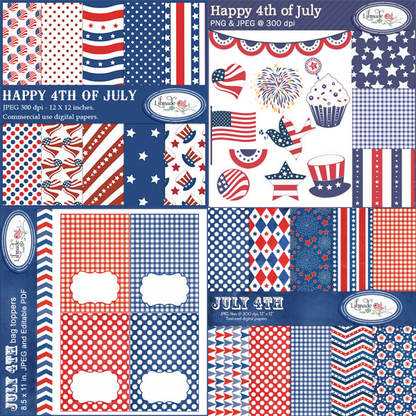 4th of july digital papers  clip arts and printable labels bundle
