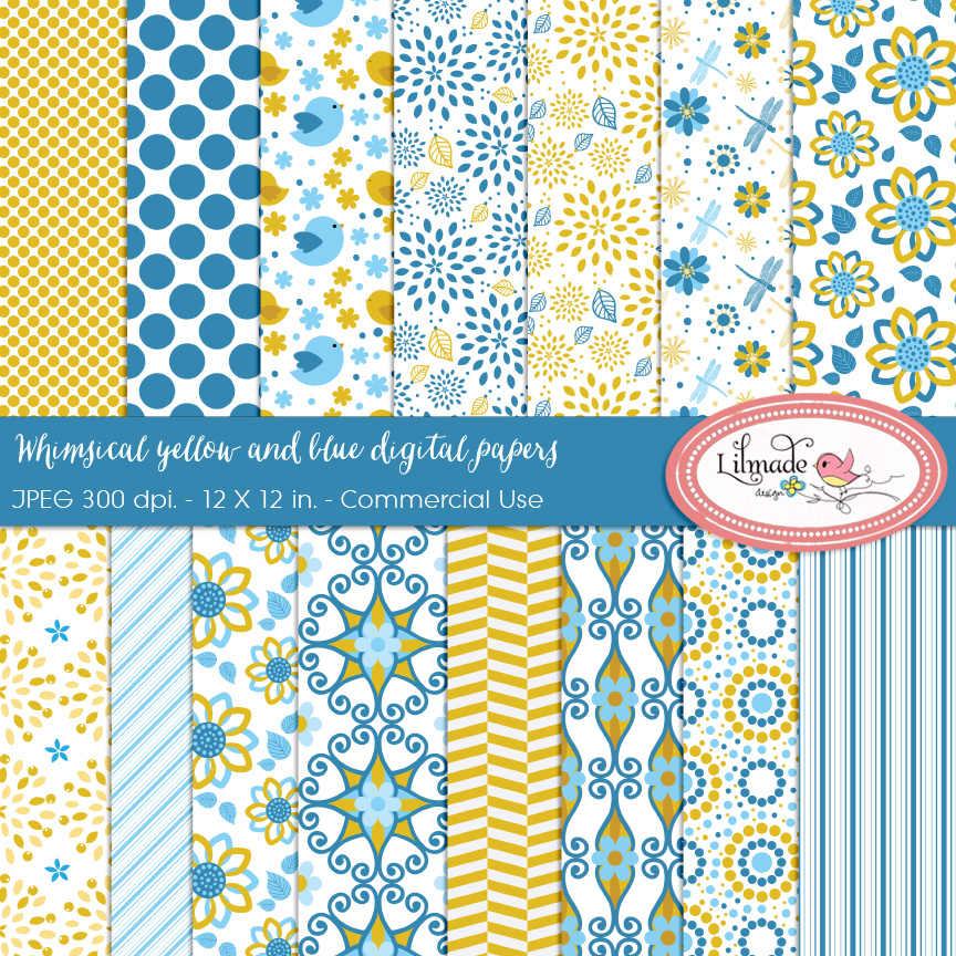 Whimsical yellow and blue digital papers