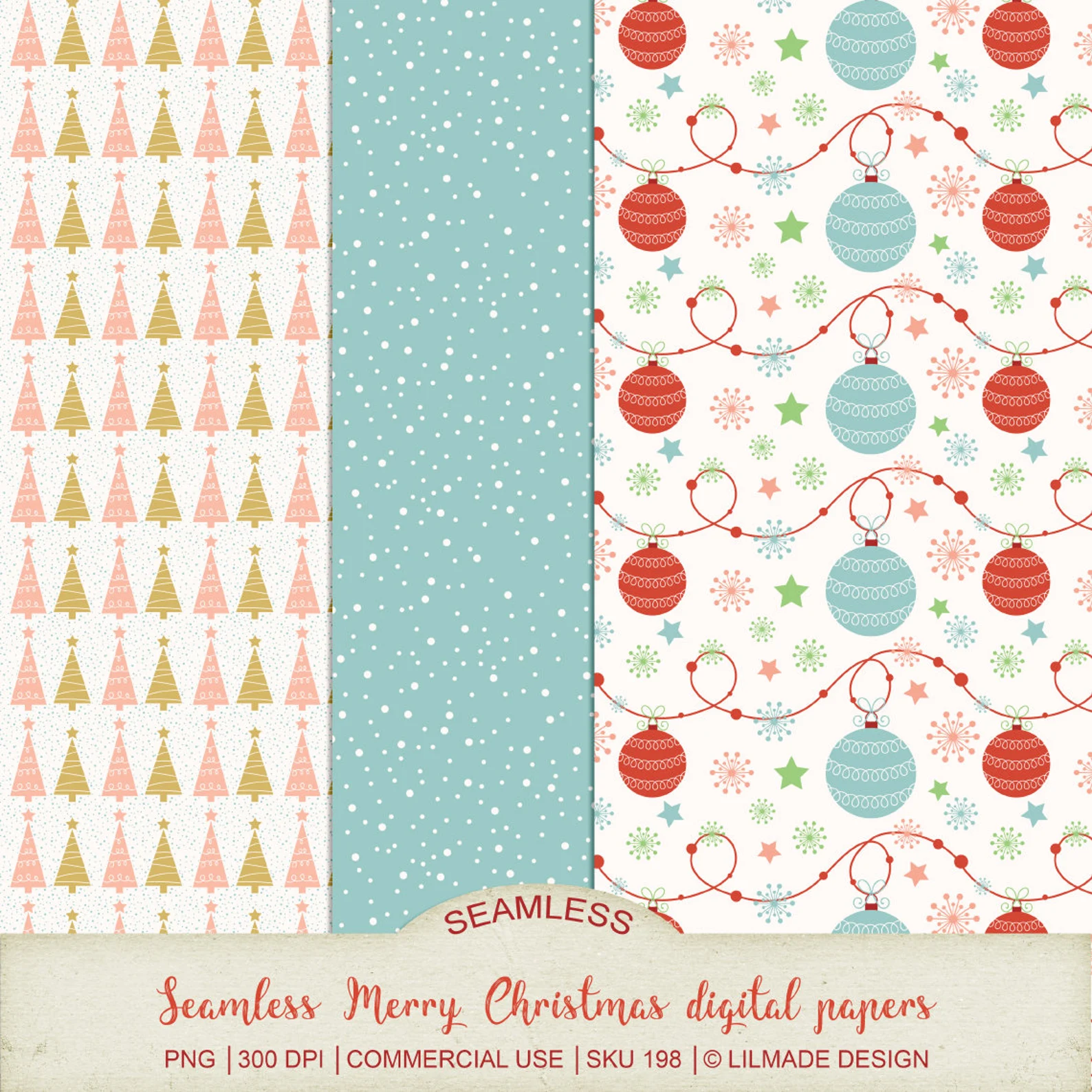 Seamless Christmas backgrounds featuring Christmas tree patterns, snow patterns and ornament patterns
