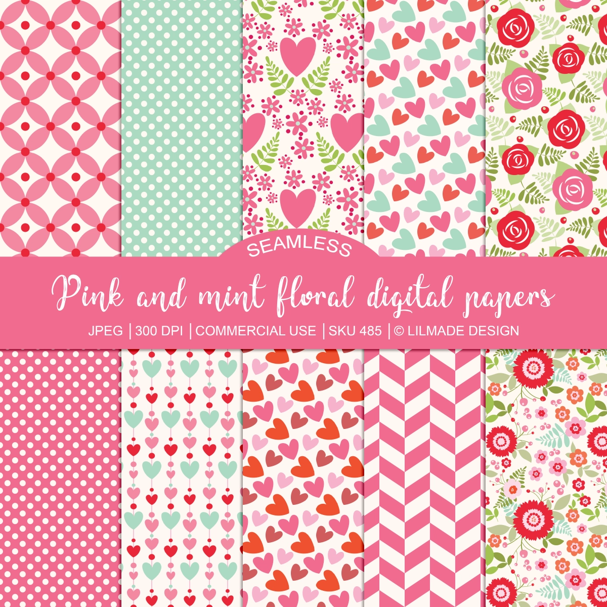 New seamless pink and mint floral and geometric digital scrapbook paper