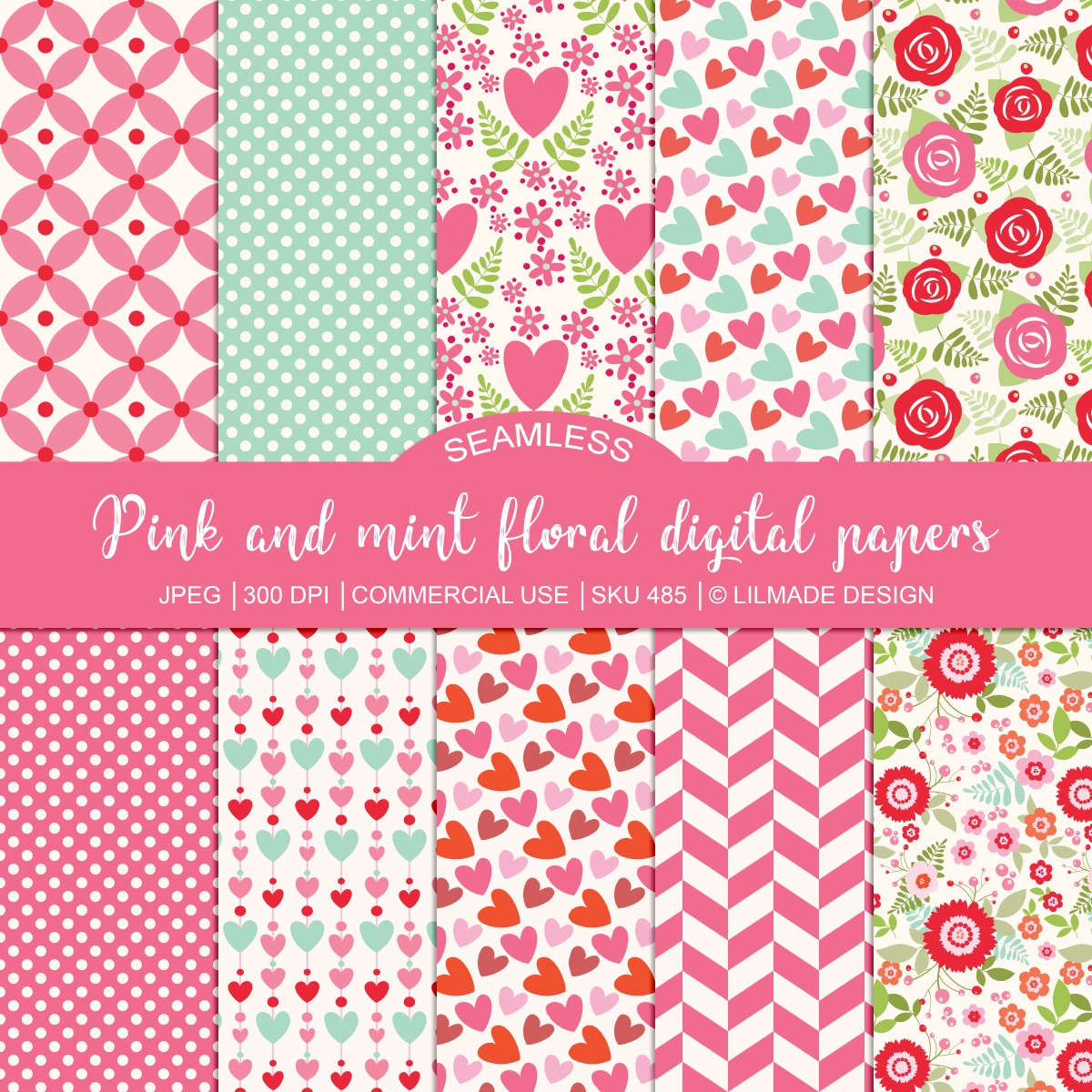 New seamless pink and mint floral and geometric digital scrapbook paper -  Lilmade Designs